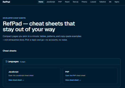 RefPad - 開発技術向けチートシートサイトの画面キャプチャ